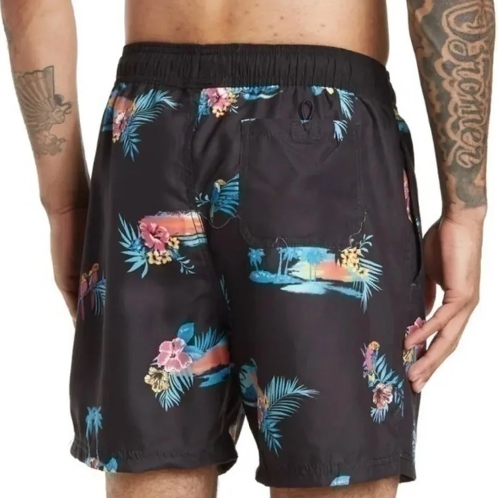 Burnside Parakeet Black and Blue Tropical Print Swim Trunks -Size XL